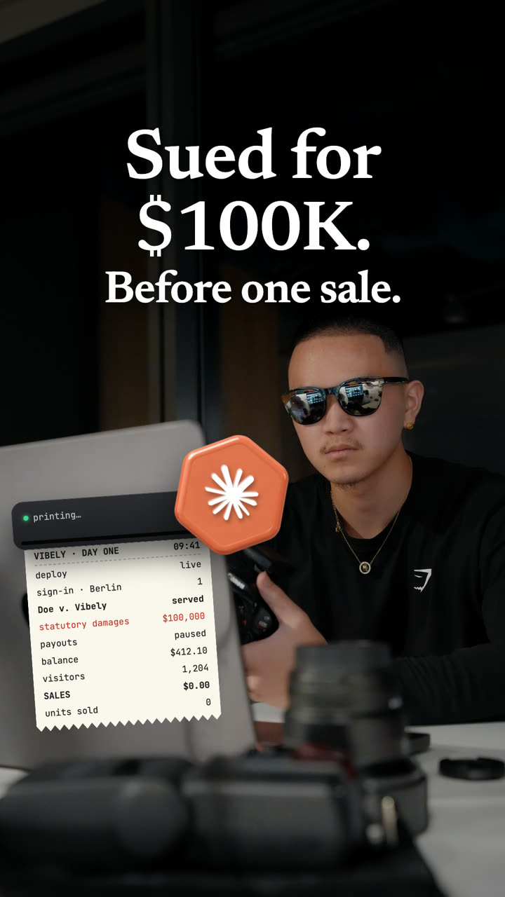 Cover for reel #08: 'Sued for $100K. Before one sale.' over a photo of Shogo at a laptop, with a 3D badge and a printed receipt