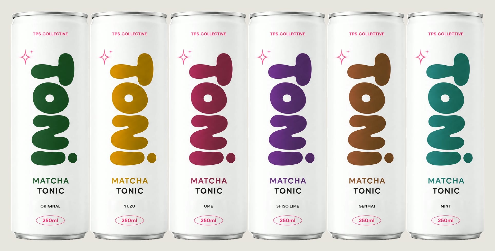 Six TONI cans in a row, each with the same layout in a different colour: green, yellow, plum, purple, brown and teal