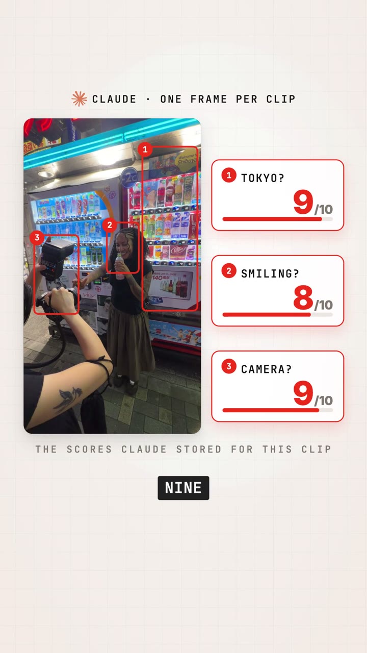One frame with three boxes and the scores 9, 8, 9