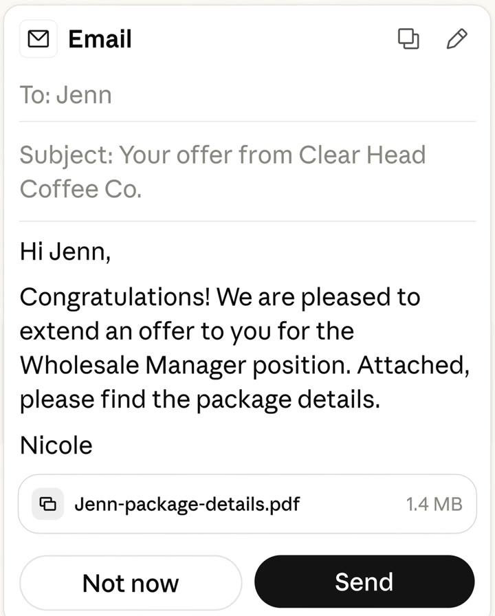 An email drafted by Claude Duet with Not now and Send buttons