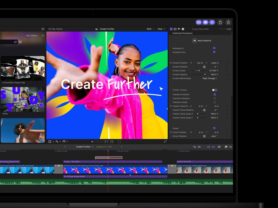 Final Cut Pro on a MacBook Pro with a MotionVFX title on the video