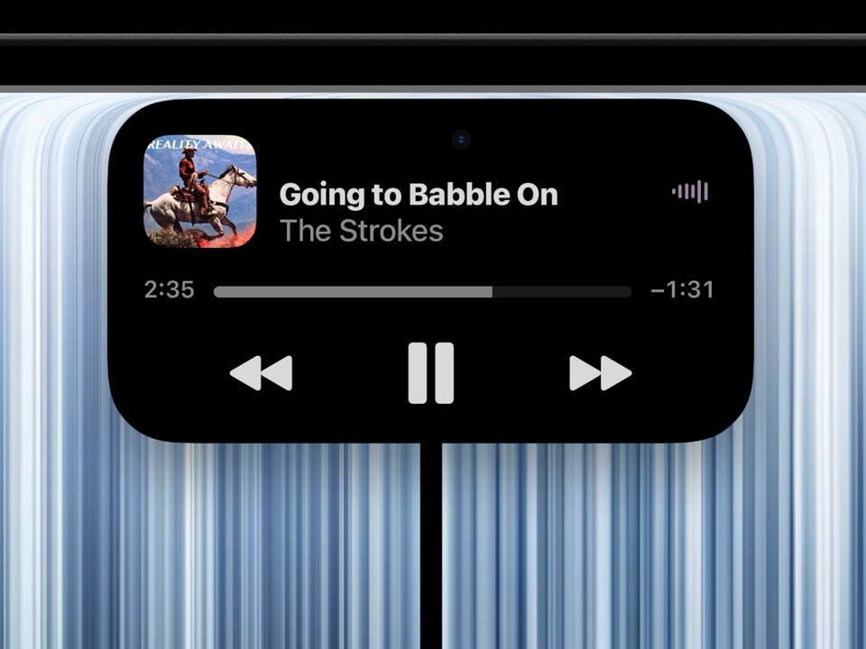 The Dynamic Island at the top of the Mac screen, showing a song with play controls