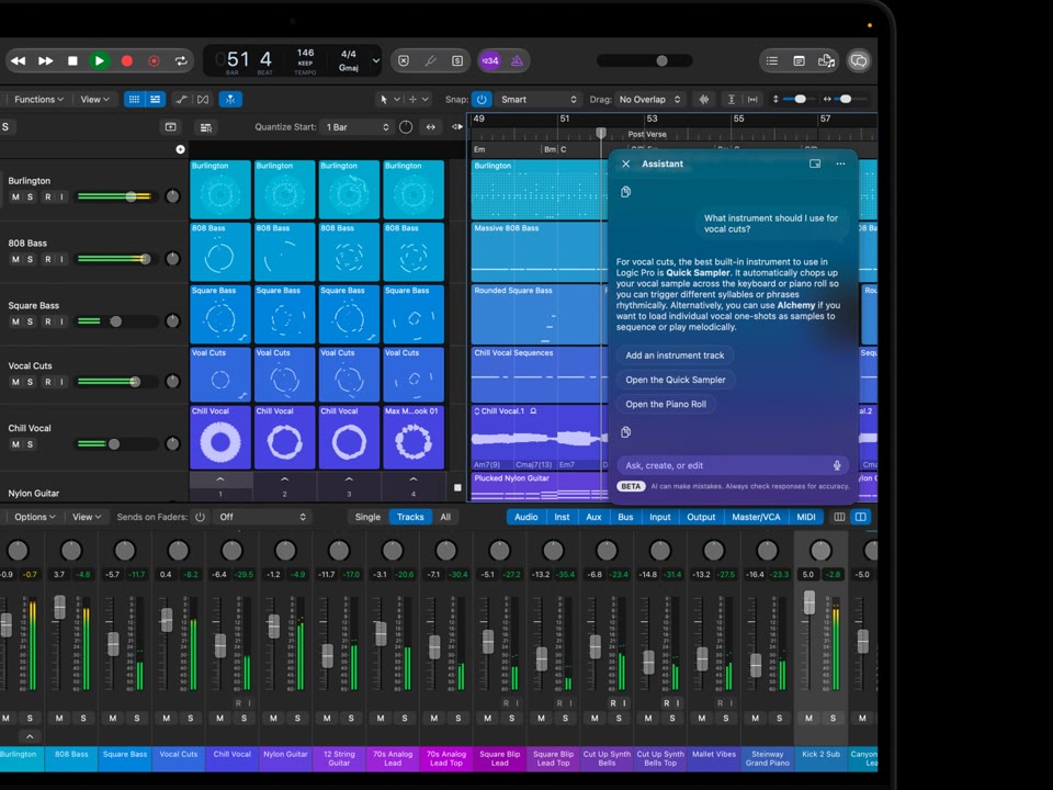 Logic Pro with the new assistant panel open on the right