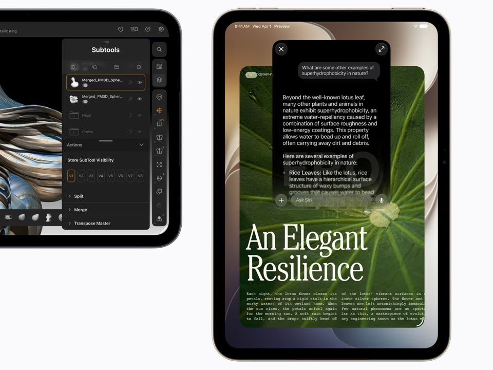 Two iPad minis, one showing Siri AI answering a question over an article